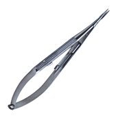 Baby Barraquer Needle Holder Straight With Lock Delicate Short Model, Round Knurled Handle  Jaw 14mm From Mid Screw To Tip. Overall Length 4" (105mm) 